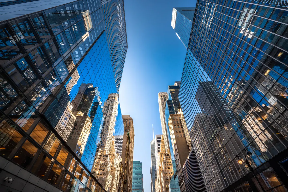 A view of skyscrapers from below in the city.