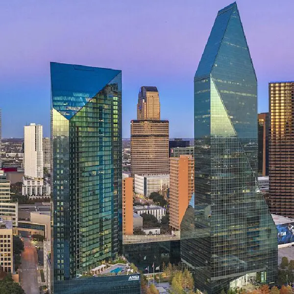 A view of the city skyline from above.